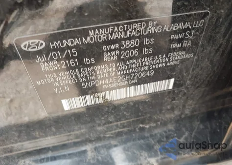 2016 Hyundai Elantra Se from USA, damaged, VIN 5NPDH4AE2GH720649